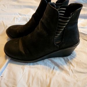 Skechers memory foam slip-on ankle booties. Black faux leather. 2.75" wedge heel
